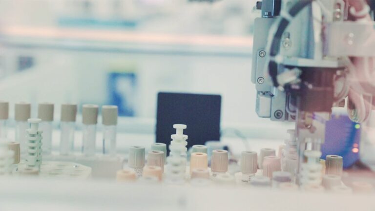 Laboratory. Automated lab process. Analysis of blood samples in large Dutch lab.